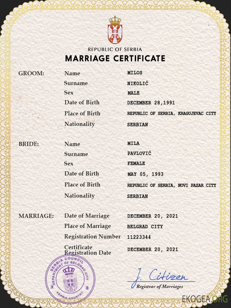 Modèle PSD de certificat de mariage en Serbie